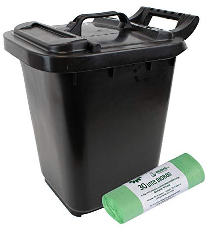 Kerbside Compost Caddy with Locking Lid - Black - for Food Waste Recycling (23 Litre) - Plastic Bin & 10 x 30L Compostable Bags with Composting Guide