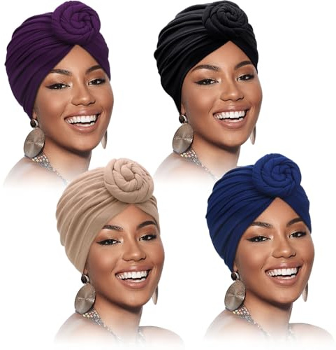 SATINIOR 4 Pieces Head Wraps for Black Women African Turbans Pre Tied Turban Chemo Headwear Cancer Head Wrap Hair Loss Cap(Purple, Black, Navy, Camel)