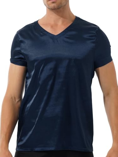 Mufeng Pyjama en Satin Homme Haut Manches Courtes Chemise de Nuit Col V T-Shirt D'été Respirant Lâche Maillot de Corps Confort Sleepwear Nuitwear M-XXL Bleu Marin L