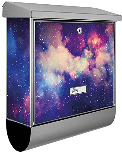 banjado® Burgwächter Briefkasten Edelstahl 38x39x12cm mit Motiv Im Weltall 1 / Briefkasten Edelstahl ohne Zeitungsfach/Briefkasten grau/Postkasten inkl. Montagematerial & 2 Schlüsseln