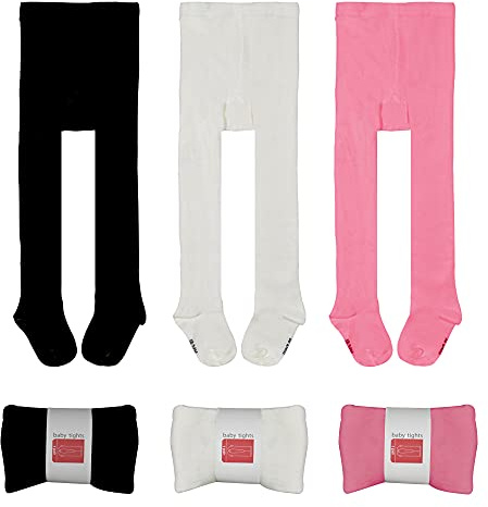 Lot de 3 collants en coton pour bébé fille de 0 à 24 mois, leggings tricotés pour tout-petits, noir et blanc, Noir/blanc/rose, 9-18 mois