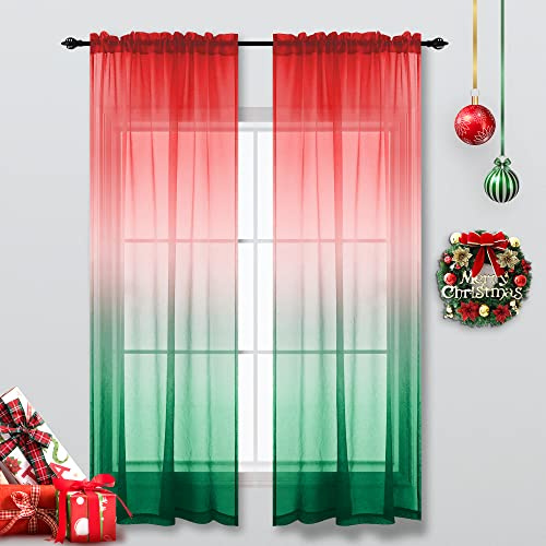 KOUFALL Christmas Curtains for Living Room,Red and Green Sheer Curtain 84 Inches Long Holiday Curtains for Bedroom Cortinas Rojas De Navidad para Sala Vintage Traditional Home Decor