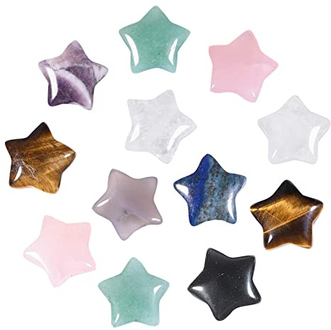 Nupuyai 12 STK. Stern Edelstein Handschmeichler Kristall Glückssterne Deko | 1,5 cm Edelstein Stern Deko, Handschmeichler Glücksbringer, Sternsteine für DIY-Schmuck, Deko Steine für Vase Zuhause