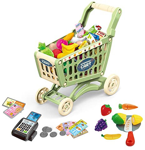 RedCrab Einkaufswagen für Kinder, 64 Stück Kaufladen Einkaufswagen Zubehör Set, Übergröße Rollenspiel Trolley Cart Spielset Lernspielzeug Geschenk für Kinder ab 3+ Jahren Junge Mädchen