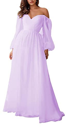 Vestidos de dama de honor de tul fuera del hombro de manga larga con cuello en V Largo de dama de honor vestidos de una línea, Lila, 46