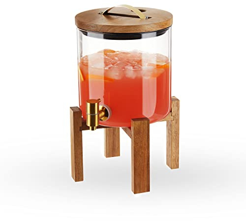 Twine Modern Manor Beverage Dispenser, Glass Carafe, Collapsible Wood Stand, Bronze Spigot, for Parties, 1.3 Gallons Capacity, Set of 1