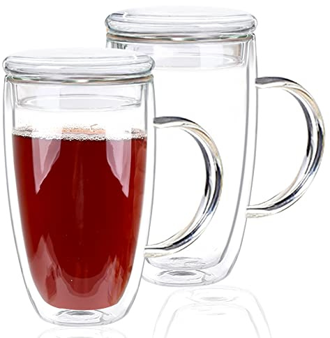 15 Oz Double Walled Glass Coffee Mugs, 2 Packs Clear Coffee Mugs with Lids Insulated Coffee Cups with Handle Perfect for Cappuccino,Tea,milk ,Espresso,Latte, Hot Beverage Set of 2 (Glass lid, 15oz)