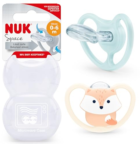 NUK Space Baby Dummy | 0-6 Months | Soothers with Extra Ventilation for Sensitive Skin for Sensitive Skin | BPA-Free Silicone | Fox | 2 Count