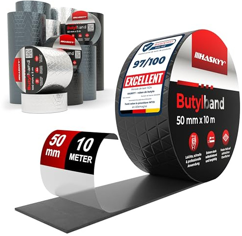 HASKYY Wasserdichtes Klebeband Butylband I 5cm*10m Schwarz hochwertig selbstklebend mit Aluminiumfolie I Butyl-Tape alterungsbeständig korrosionsbeständig UV-beständig
