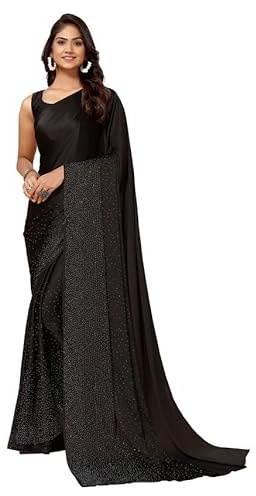 SIRIL Sari da donna in georgette tinto in pizzo con camicetta non cucita (nero libero)