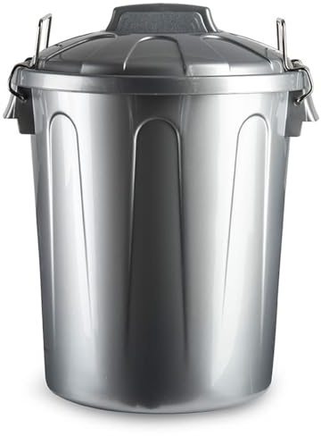 Tradineur - Cubo de basura de plástico - Incluye tapa y asas metalicas - Fabricado en España - Contenedor de residuos - Capacidad de 51 Litros - 54 x 44 x 44 cm - Color Plata.