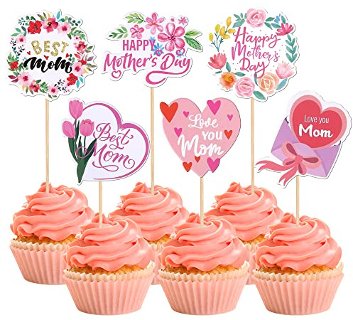 Xsstarmi 36 Pack Happy Mother's Day Cupcake Toppers Flower Love You Mom Cupcake Picks Best Mom Cupcake Decorations for Happy Mother's Day Theme Birthday Party Cake Decorations Supplies