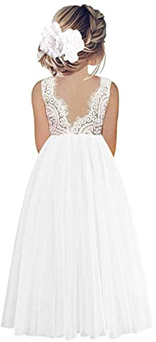 Beganly Vestido de fiesta de tul recto y elegante para niñas pequeñas, con espalda en V, vestido de flores para niña, Sin mangas, color blanco, 6 años