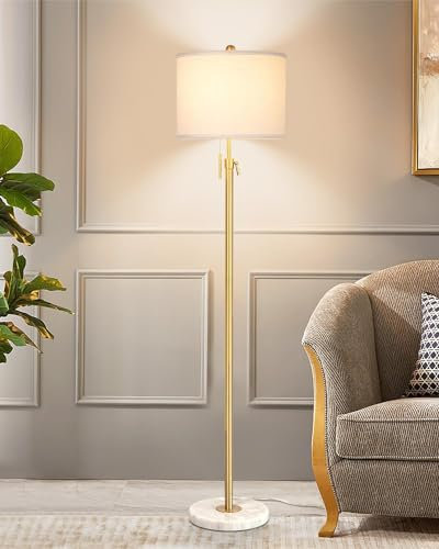 Qingmiao Floor Lamps for Living Room, Modern Gold Floor Lamp with Lampshade, Height Adjustable, 3 Colors Temperature, Standing Lamps for Bedroom Office(9W Bulb Included)