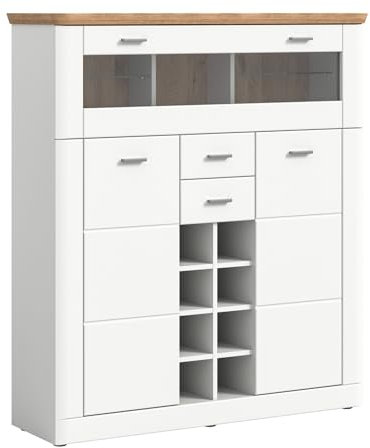 xonox.home Barschrank - 124 x 140 cm - 2 Türen - 2 Schubladen - 1 Klappe - Nox Eiche Dekor - Weiß matt