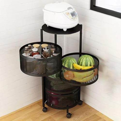 joukares Cuencos para frutas y verduras para cocina, cesta giratoria circular de 5 niveles con ruedas, estante de alambre de metal para frutas y verduras, carrito de almacenamiento rodante de pie para