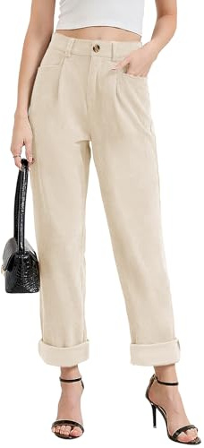 Alaster Queen Damen Cordhose Casual Mid Waisted Gerade Bein Vintage Hosen für Damen mit Taschen Beige M