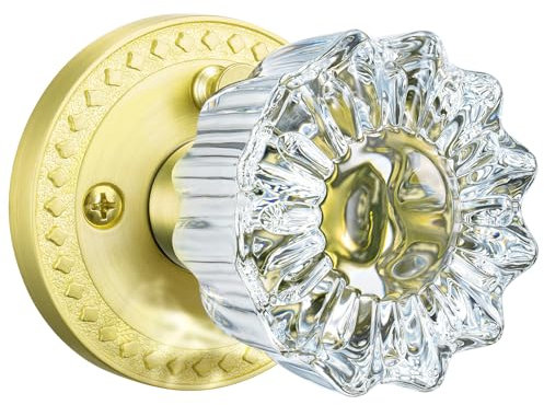 Calzibeno Goldfarbener Kristall-Türknauf mit Schloss für Privatsphäre, satiniertes Messing, Schlafzimmerinnenraum, Vintage-Glas, 1 Stück