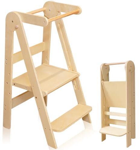 Duscdesp Lernturm Montessori Lernturm Klappbar aus Holz, Lernturm ab 1 Jahr Umkippschutz 3-Ebene Höhenverstellbar Learning Tower Tritthocker Kinder mit Sicherheitsgeländer für 1-6 Jahre Kleinkind