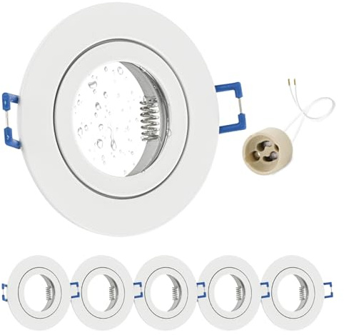 GeyouLux 6x Einbaustrahler GU10 Einbaurahmen IP44 Weiß Lochmaß 65-75mm | Aluminium, Ø84mm Deckenspots, seidenmatt Weiß, mit 230V GU10 Fassung, bis 50W, für Bad Küche, Rund Flach, ohne Leuchtmittel
