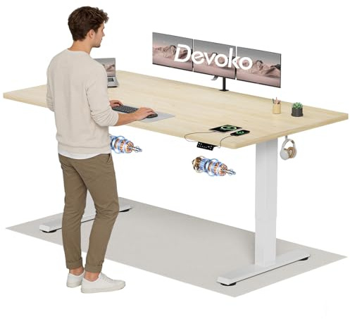 Devoko Höhenverstellbarer Schreibtisch mit 2 Motoren，25mm Einteilige Tischplatte, 200x80 cm Mobiler Elektrisch Computertisch mit Kabel Management, Eiche - Perfekte Ergonomie für Dein Büro