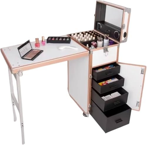 YANGYMM Faltbarer Make-Up-Koffer für Die Nagelstation, Tragbarer Professioneller Nageltisch Mit Schubladen/Spiegel/Bluetooth-Lautsprecher für Bewegliches Make-Up-Nagelstudio,Platinum