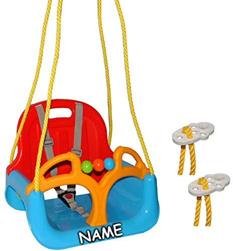 alles-meine.de GmbH Babyschaukel/Gitterschaukel - incl. Name - mitwachsend & umbaubar - mit Gurt - ROT/GELB/BLAU - Leichter Einstieg ! - 100 kg belastbar - Kinderschauk..