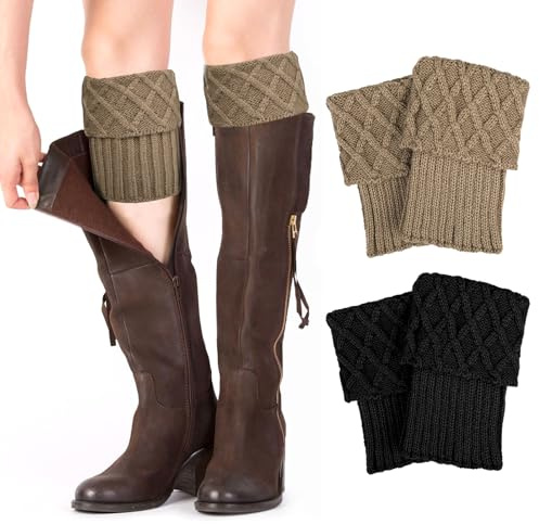 MELLIEX 2 Paare Damen Beinstulpen Winter Warme Kurze Beinwärmer Rautenmuster Gestrickte Bein Wärmer Legwarmer für Damen Mädchen - Schwarz und Khaki