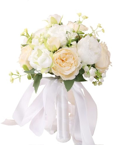 Mokylor Hochzeitsblumenstrauß, Künstliche Pfingstrosen mit Grünen Blättern, Blumenstrauß, Handgebundener Blumenstrauß, Brautstrauß, Brautjungfernstrauß mit Seidenband für
