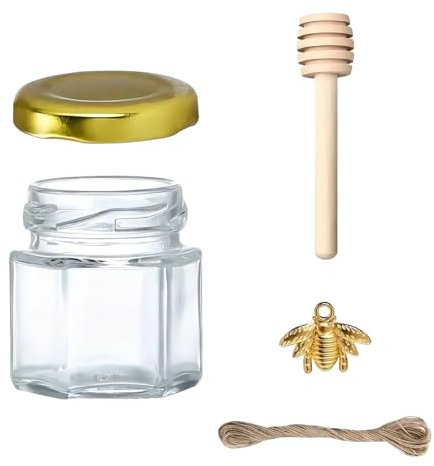 LKXHarleya Lot de 20 Petits Pots à Miel en Verre Hexagonal de 42,5 g avec pendentifs en Bois en Forme d'abeille pour Cadeaux de Mariage et confitures