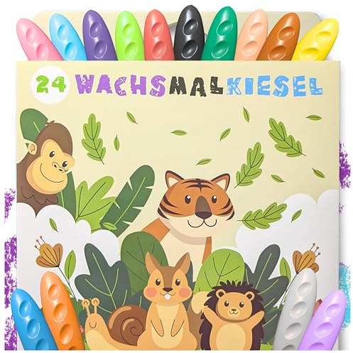Sabbatbox Kiesel Wachsmalstifte mit App für Kinder, 24 Farben, bruchsicher, ungiftig, waschbar & kinderleicht zu halten, Malstifte für Kinder, 24er Set