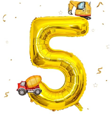 DazzJoy Bagger Luftballon 5. Geburtstag,40 Zoll Gold Zahlenballon 5 mit Bagger Folienballon,Baggere Geburtstag Deko 5 Jahre Junge, Baggere Deko Zahlen 5 Ballon, Baustellen Party Kindergeburtstag Deko