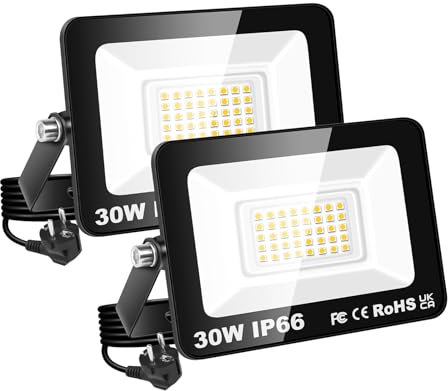 RIGIDON Projecteur Led Extérieur Avec Prise, 2x 30W 3000LM IP66 étanche Éclairage de Sécurité, Spot Led Lampe pour Patio Garage Terrasse Jardin Chantier Muraux Atelier, 3000K Blanc Chaud Luminaires