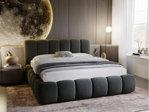 GRAINGOLD Cloud Bett 180x200, Polsterbett mit Bettkasten, Polsterbett mit Stauraum, Samt, mit Lattenrost, mit Kopfteil, ohne Matratze (Grau, 180x200)