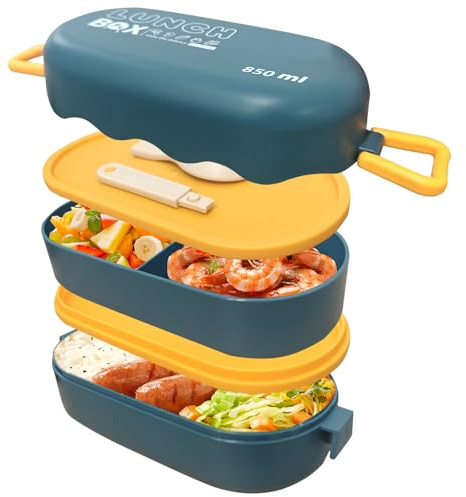 huoflame Bento Box Lunchbox mit Besteck – Kompakte Doppel-Schicht Brotdose 850ml für Erwachsene & Kinder – Mikrowellengeeignet BPA-frei Snackbox mit Fächern für Schule Büro Camping