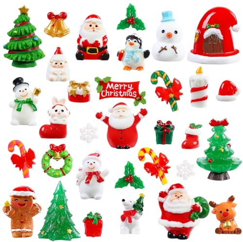 XIMISHOP 32 Stück Weihnachten Mini Figuren Harz, Kleine Christmas Figurines | Miniatur Weihnachtsmann Schneemann Weihnachtsbaum Mini Ornamente Weihnachtsfiguren Tischdeko für Xmas Party Geschen