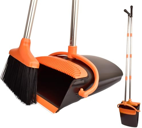 Juego de escoba y recogedor, cepillo suave para el hogar, mango largo, para habitaciones familiares y oficinas (negro y naranja)