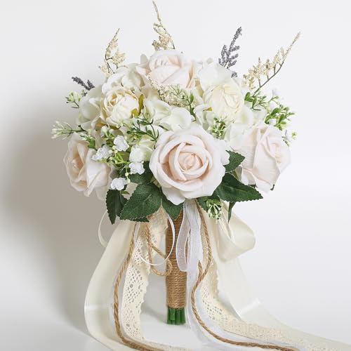 Wedding Bouquets for Bride Bridesmaid, White Champagne Artificial Roses Flowers with Ribbon Bow for Wedding Prom Church Decoration, Ceremony, Anniversary EZsenses (8in)