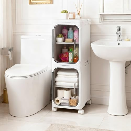 Pinkgarden Gabinete de almacenamiento delgado con ruedas, armario de baño plegable y estrecho, unidad de almacenamiento móvil para espacios pequeños, lavandería y cocina, color blanco (blanco, 2