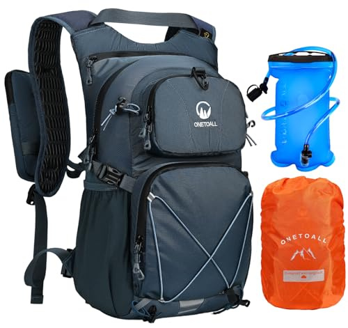 ONETOALL Wanderrucksack Damen Wasserdicht mit Regenschutz Kühlfach, Laufweste Damen mit 2L Trinkblase, Laufrucksack Herren, Trinkrucksack Fahrradrucksack für Tagestour Wanderung Radfahren Trailrunning