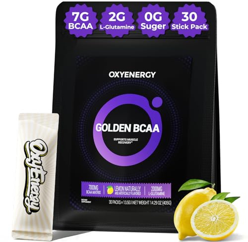 OxyEnergy BCAA 2:1:1 Powder, 7g BCAAs and 2g L-Glutamine, Taurine for Muscle Recovery, Increased Endurance, Perfect Amino Aicds for Pre & Post Workout Recovery, Sugar Free, Lemon, 30 Stick Pack