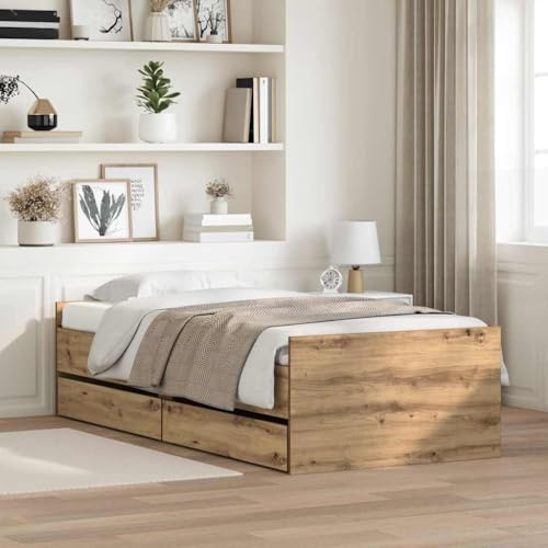 QJBSAVVA Bettgestell Artisan-Eiche 100x200 cm Kiefer massiv mit Lattenrost Schublade Modernes Holzbett Komfortabler Einzelbett Rahmen für Schlafzimmer Jugendzimmer Gästezimmer