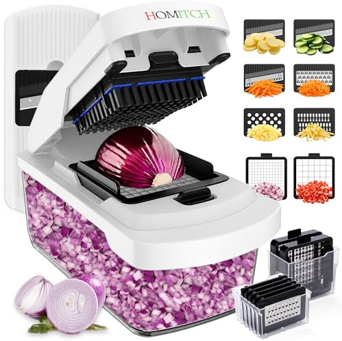HOMITCH Pro Series Vegetable Chopper, 8 in 1 Veg Chopper and Dicer with Onion Dicer, Julienne Cutter, Vegetable Slicer, Cheese Grater, Multifunctional Vegetable Cutter-1.8L Container (White)