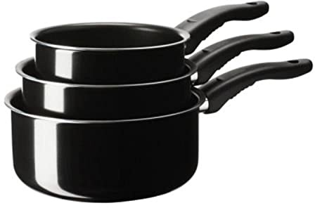 KAVALKAD Saucepan, Set of 3, Black, Sizes: 1 l, 1.5 l and 2 l. STABIL double-boiler insert fits all saucepans. The pan's low weight makes it easy to handle when filled with food.
