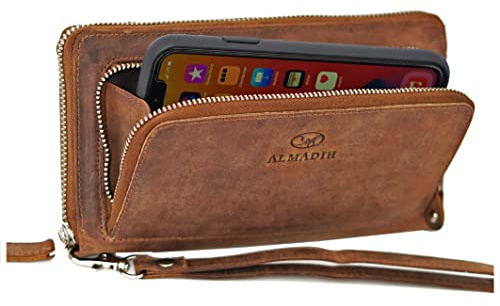 ALMADIH RFID Leder Portemonnaie Damen mit Handyfach und 12 Kartenfächer, intelligente Aufteilung, Metall-Reißverschluss Geschenkbox - Leder Damen Geldbörse Brieftasche Börse braun P28 (Avery Vintage)
