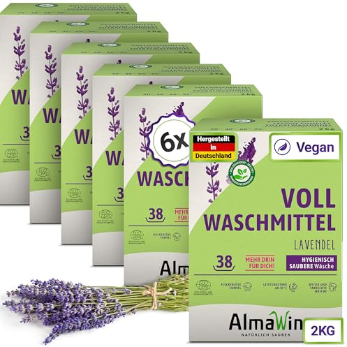 AlmaWin® Vollwaschmittel Pulver [6x 2kg - 228 Ladungen] mit Lavendel-Duft für strahlende Reinheit - Waschmittel Pulver für alle weißen & farbechten Textilien [30-95°C] - Veganes Voll-Waschpulver