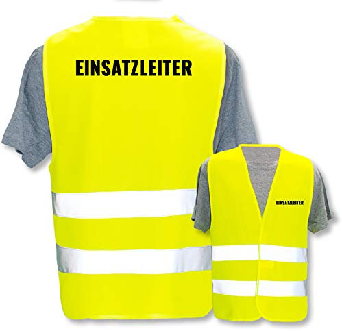 Bedruckte Marken-Warnwesten mit Leuchtstreifen * Standard- o. Reflex-Druck * Einsatzkräfte, Warnweste Begriffe Einsatzkräfte:Einsatzleiter, Farbe + Größe:Gelb (M/L)