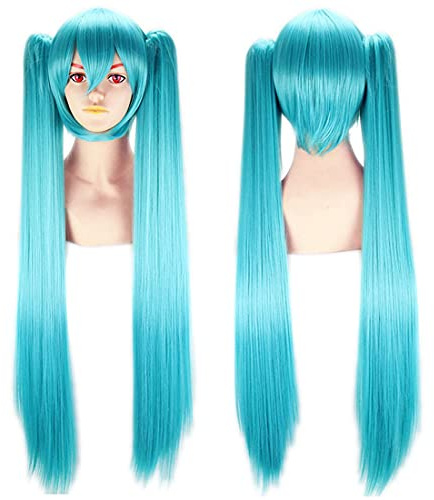 Dubbel hästsvans Hatsune Miku anime långa raka peruker för flicka härliga syntetiska cosplay festperuker sjöblå 100 cm / 39 tum