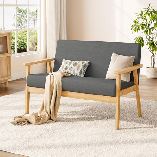 Dripex Sofa 2 Sitzer, Stoffsofa Couch Modern und Skandinavisch, Loungesofa aus Holz und Leinenstoff, Polstersofa Sitzmöbel für Wohnzimmer Schlafzimmer Büro, Dunkelgrau, 113x67x75cm