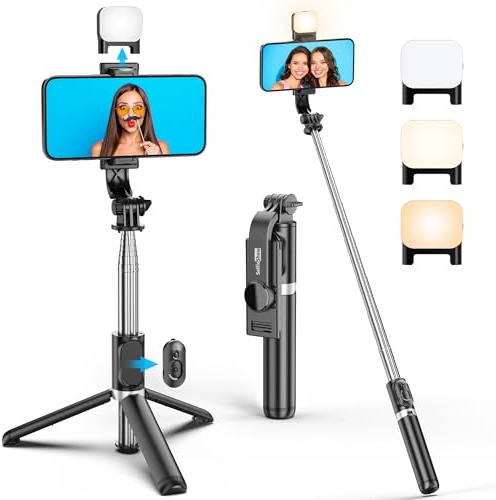 Bastone Selfie Treppiede con Luce di Riempimento, Selfie Stick Estensibile da 106cm e Treppiede Flessibile per Telefono con Telecomando Wireless Rimovibile con Rotazione a 360° per iPhone Samsung